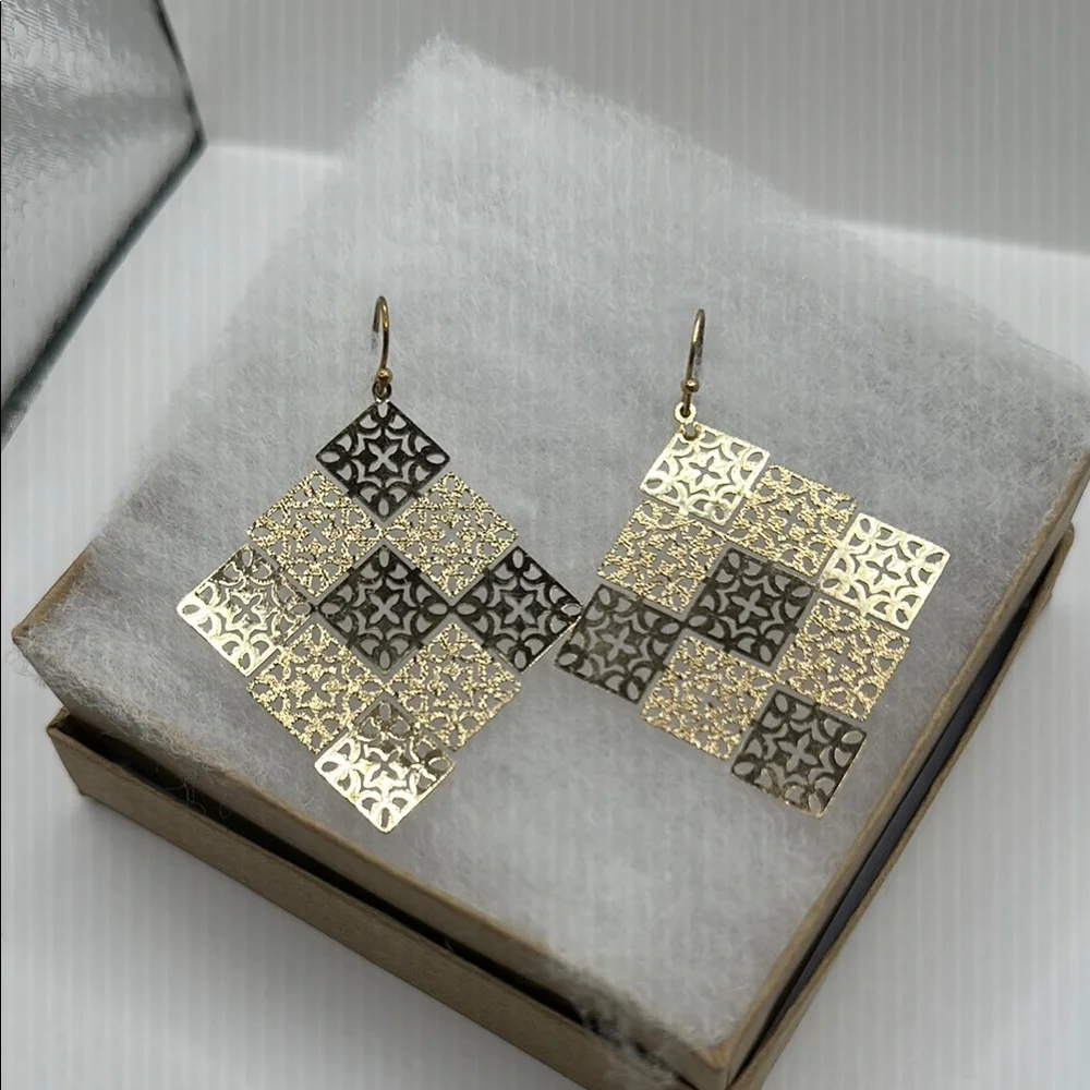 Gold Tone Filigree Statement Earrings with Intricate Design - Picture 2 of 3